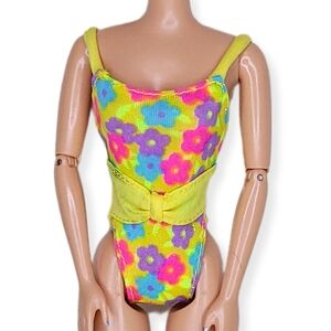 Barbie 1992 Glitter Beach Teresa Swimsuit Yellow Floral Shimmer Mattel Vtg #4921